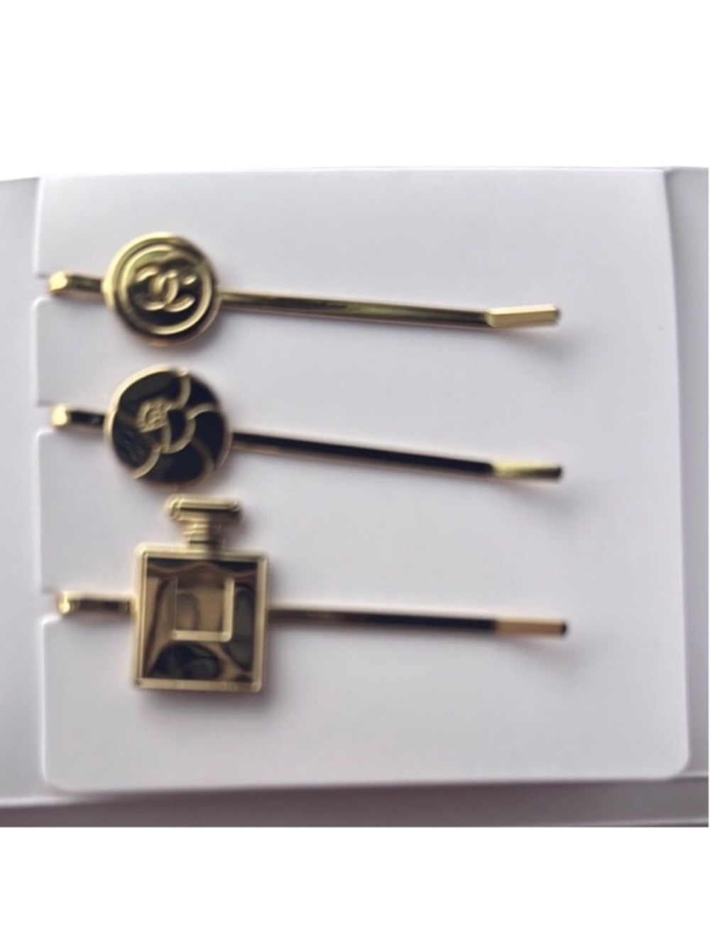 Chanel Beaute' Logo Camellia Perfume Bottle Hair Pins Set of 3 NIB - Picture 1 of 4